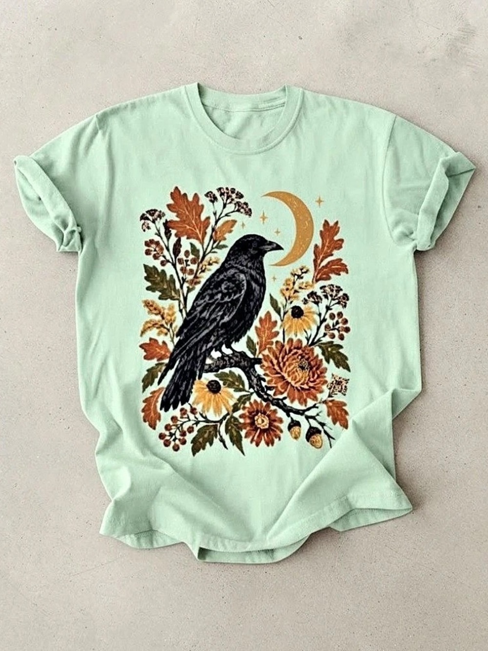 Celestial Autumn Crow Moon Floral Botanical Graphic Gildan T-Shirt